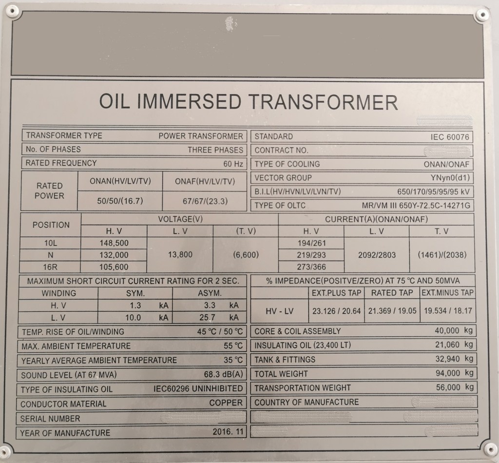 Transformer Rating Plate